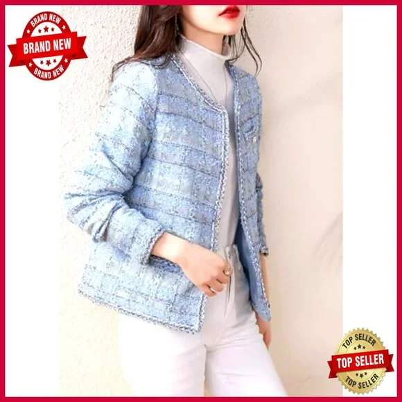 Slim Fit Tweed Blazer Open Front V-Neck Collarless Business Casual Jacket